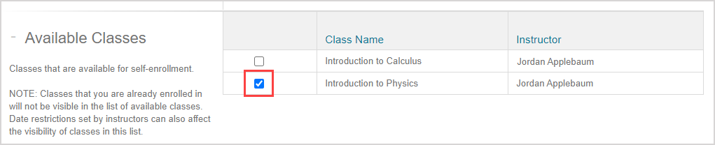 A check box is selected beside the name of the class the user wants to enroll in from the list of available classes in the class search results.